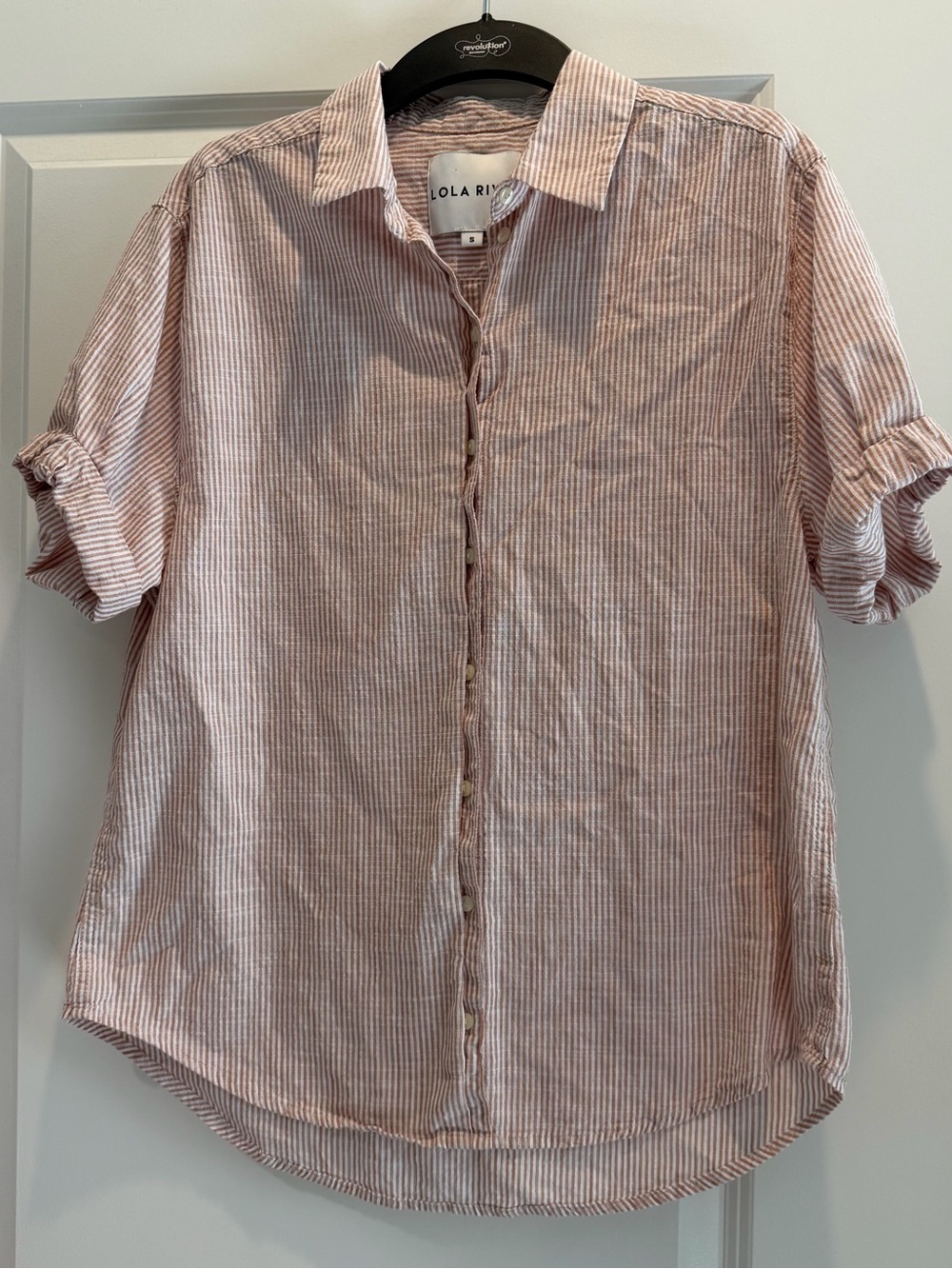 Lola River Tan and White Striped Button-Down Shirt